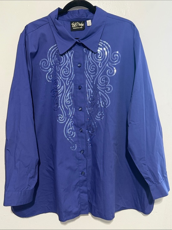 Bob Mackie Tops - Bob Mackie Wearable Art 3X Blue Sequin Scroll Button Front Blouse Plus Size